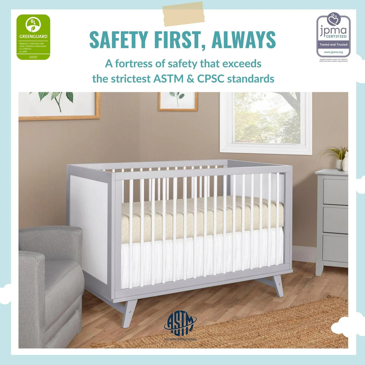 Dream On Me Carter 5-in-1 Full Size Convertible Crib. Grey and White
