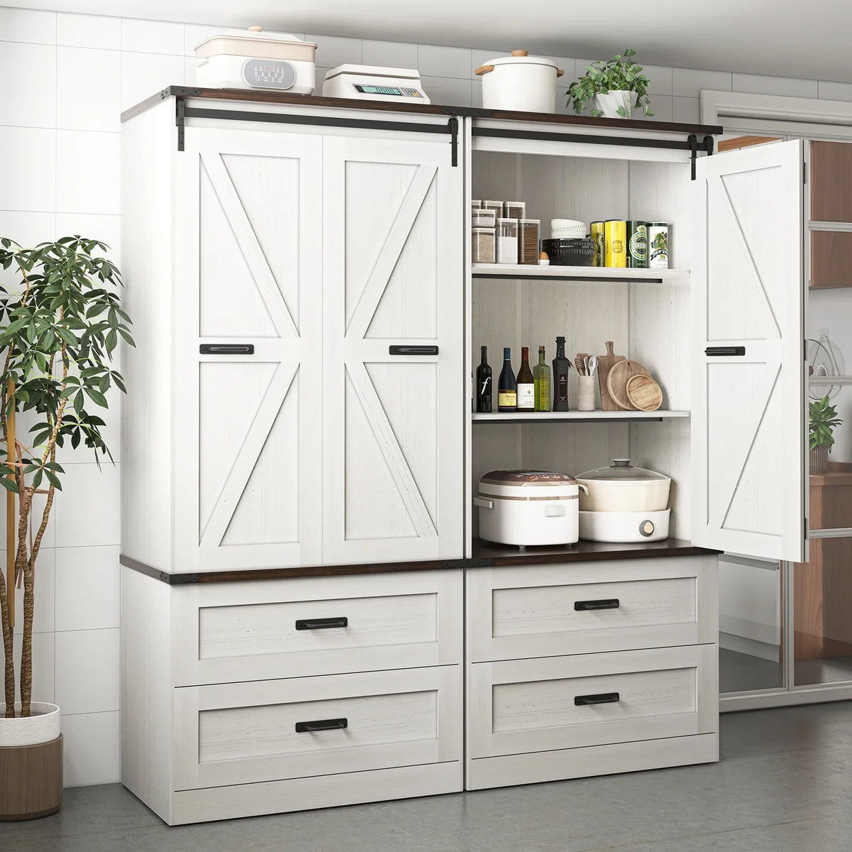 72''Tall Farmhouse Kitchen Pantry Cabinet, 3 Layers Storage Cabinet with Adjustable Shelves, 2 Drawer, Folding Door, Versatile Large Rustic Cabinet for Kitchen, Dining Room, Living Room, Bathroom