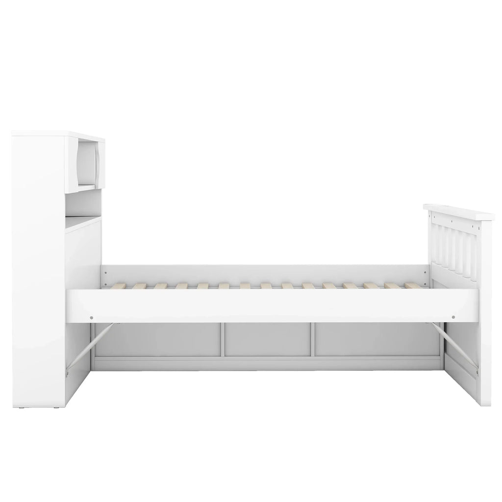 Euroco Wood Twin Size Platform Bed with Storage Headboard, Captain Bed with 4 Drawers, Bookcase and Cabinets, Gray