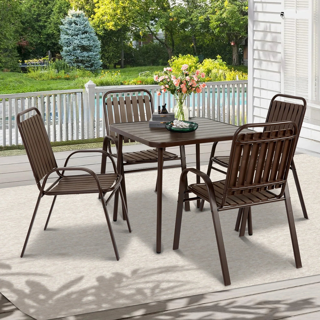 Seizeen 7-Piece Outdoor Table and Chairs, Patio Table Set with 6 Rattan Chairs, All-weather Outdoor Patio Dining Sets Rectangular Metal Table with Acacia Wood Top, Umbrella Hole, Gray