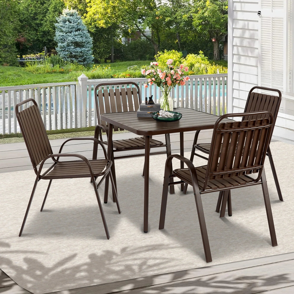 Seizeen 7-Piece Outdoor Table and Chairs, Patio Table Set with 6 Rattan Chairs, All-weather Outdoor Patio Dining Sets Rectangular Metal Table with Acacia Wood Top, Umbrella Hole, Gray