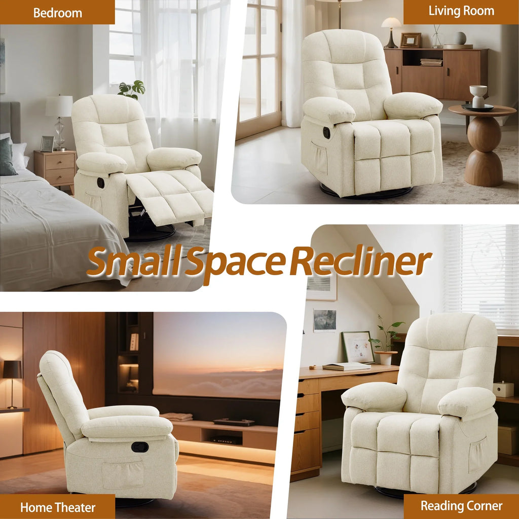 Korser Manual Swivel Rocker Recliner Chair for Living Room,Small Recliner Sofa for Small Spaces,Linen Fabric,Dark Black