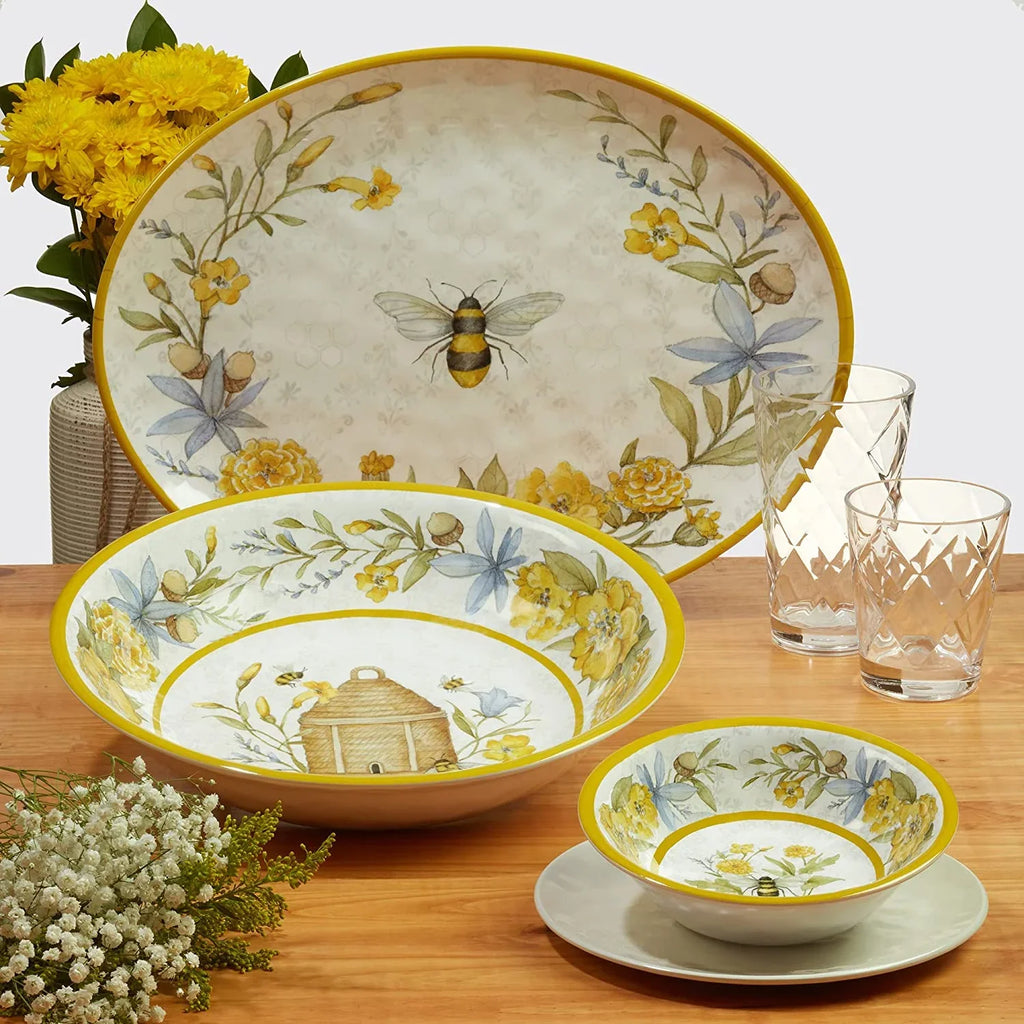 & Floral 12-Piece Melamine Dinnerware Set for 4, Shatterproof Outdoor Tableware