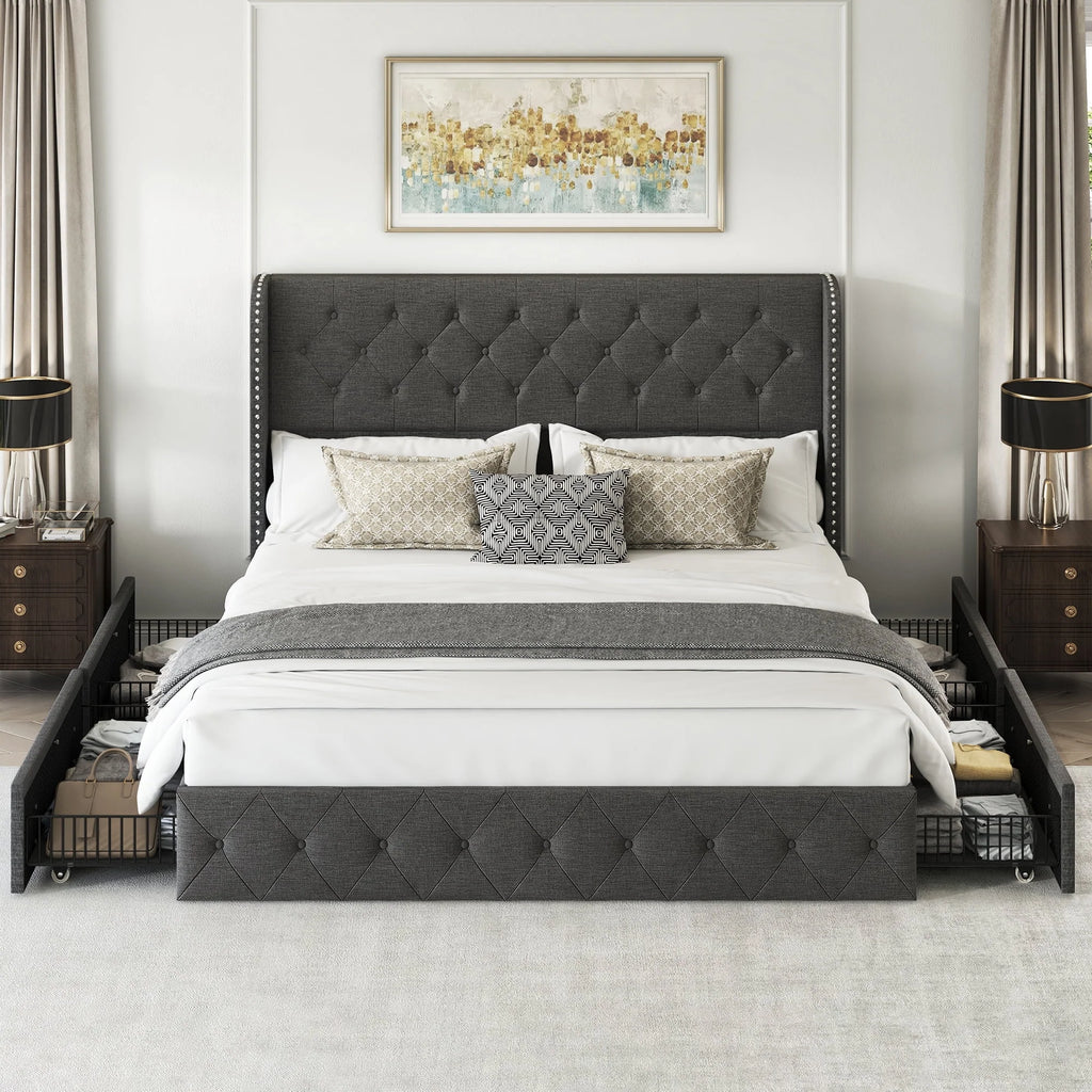 LARMACE Queen Size Platform Bed Frame with 4 Storage Drawers and Tufted Headboard Linen Upholstered Bed Wingback Bed Frame with Wooden Slats Support, Easy Assembly, Light Grey