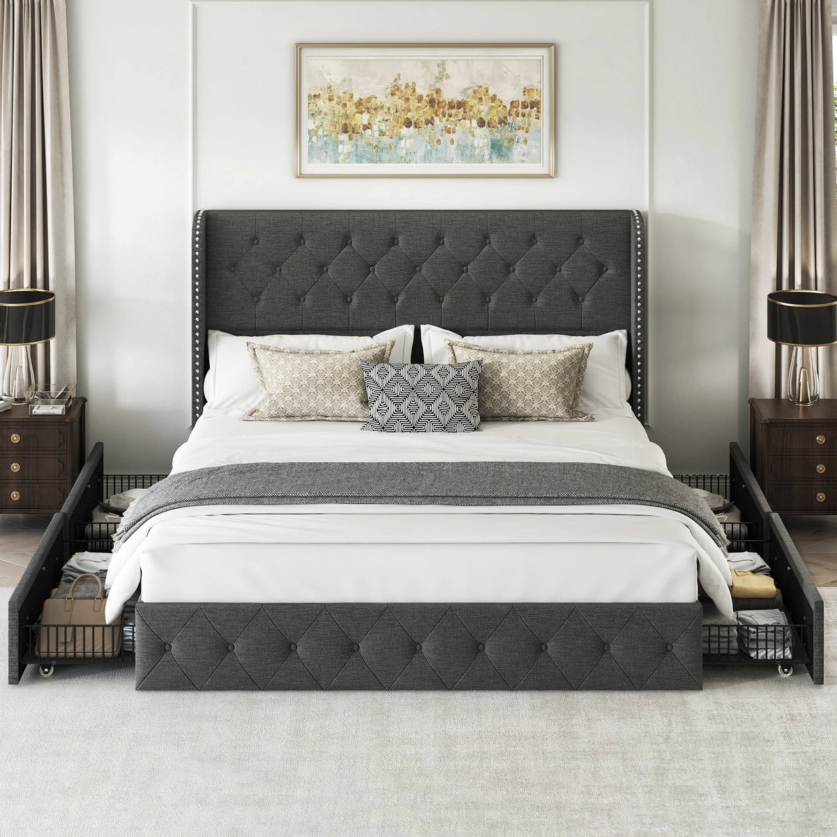 LARMACE Queen Size Platform Bed Frame with 4 Storage Drawers and Tufted Headboard Linen Upholstered Bed Wingback Bed Frame with Wooden Slats Support, Easy Assembly, Light Grey