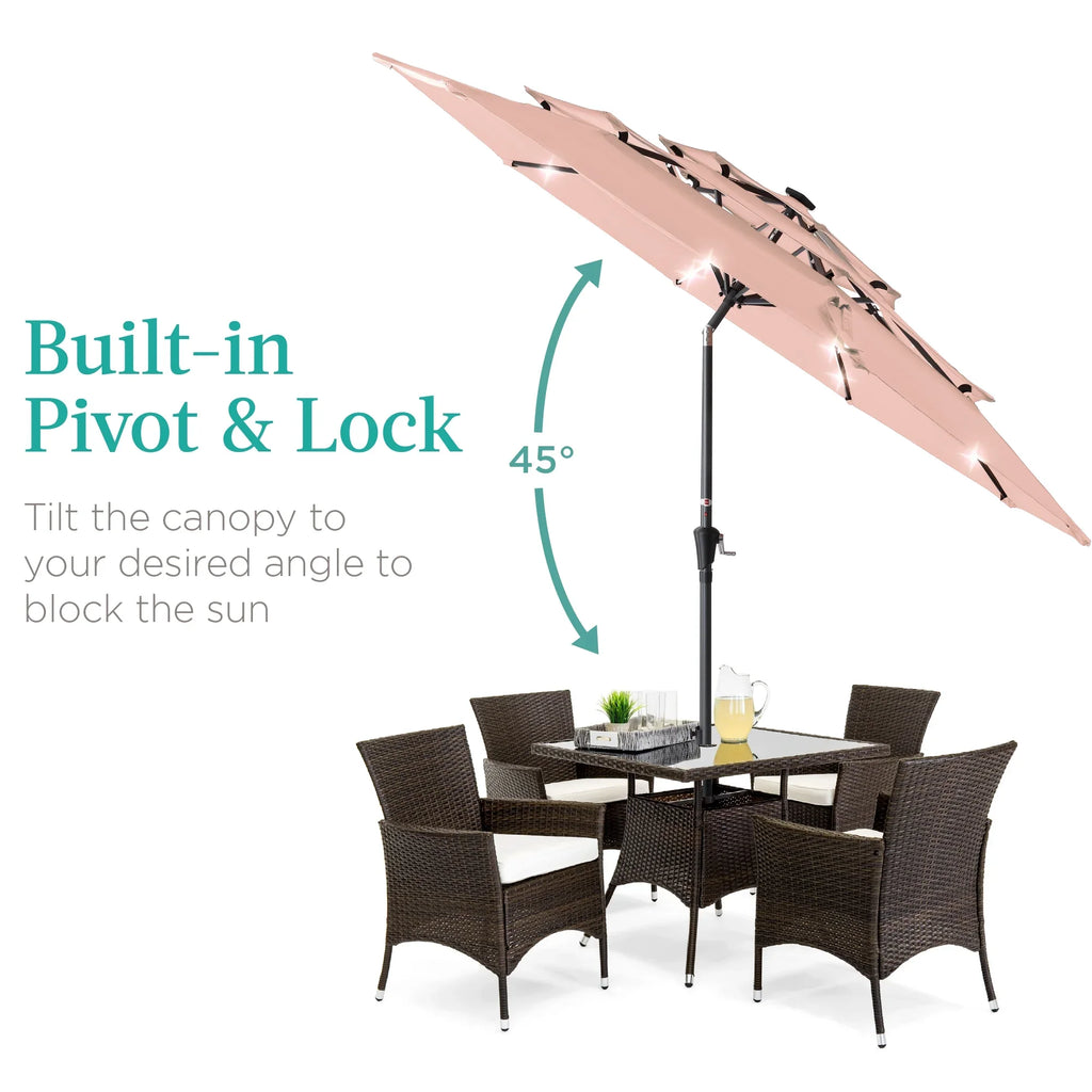 Best Choice Products 10ft 3-Tier Solar Patio Umbrella w/ 24 LED Lights, Tilt Adjustment, Easy Crank - Tan