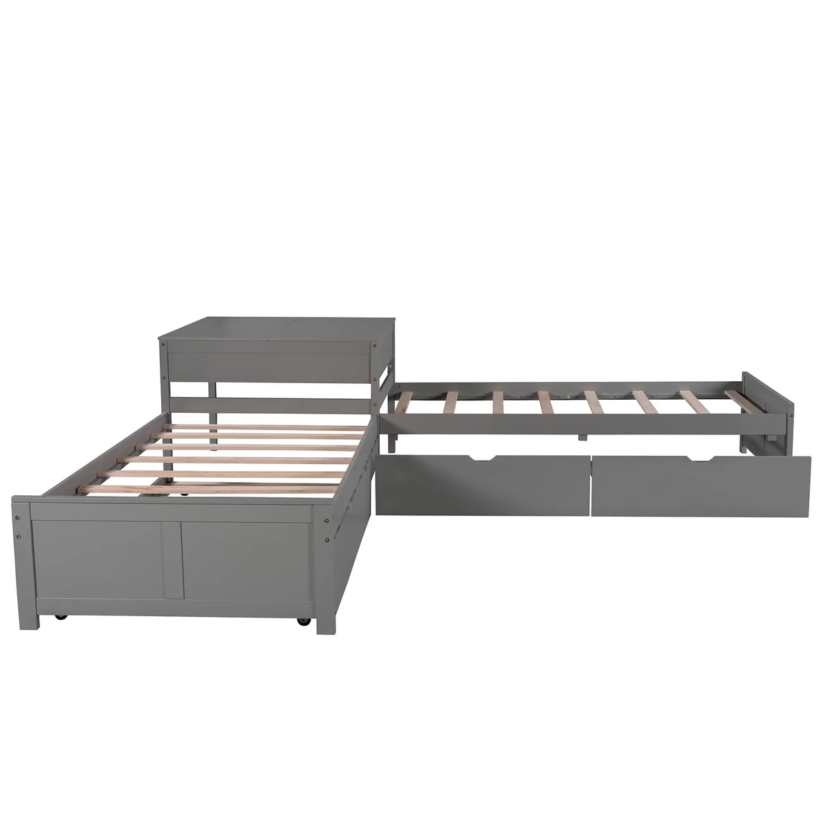 Euroco Wood Twin Size L-Shaped Platform Bed with Square Storage Table for Kids Teens, 2 Platform Beds with Trundle and Drawers for Living Room, 3 Twin Beds, Gray