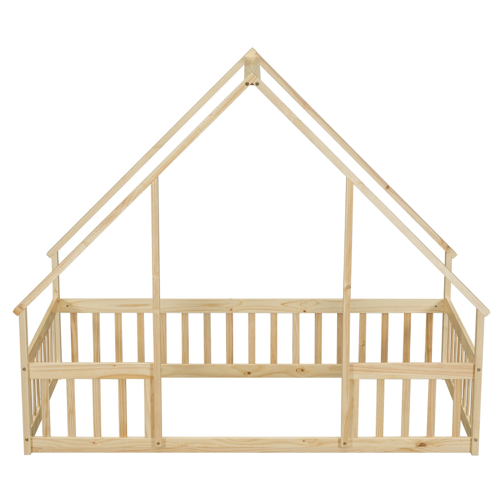 Bellemave Twin Size Floor Bed Frame, Wooden House Bed Twin Size with Fence, Montessori Bed with Guardrails for Bedroom (White)