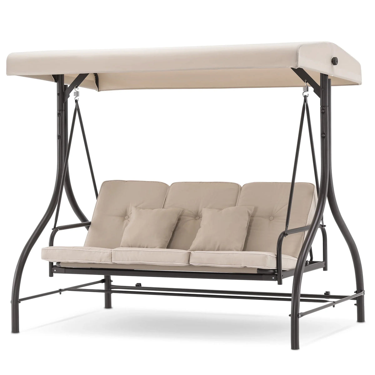 MCombo 3-Seat Outdoor Patio Swing Chair Cushioned with Adjustable Backrest and Canopy, Pillow, Brown