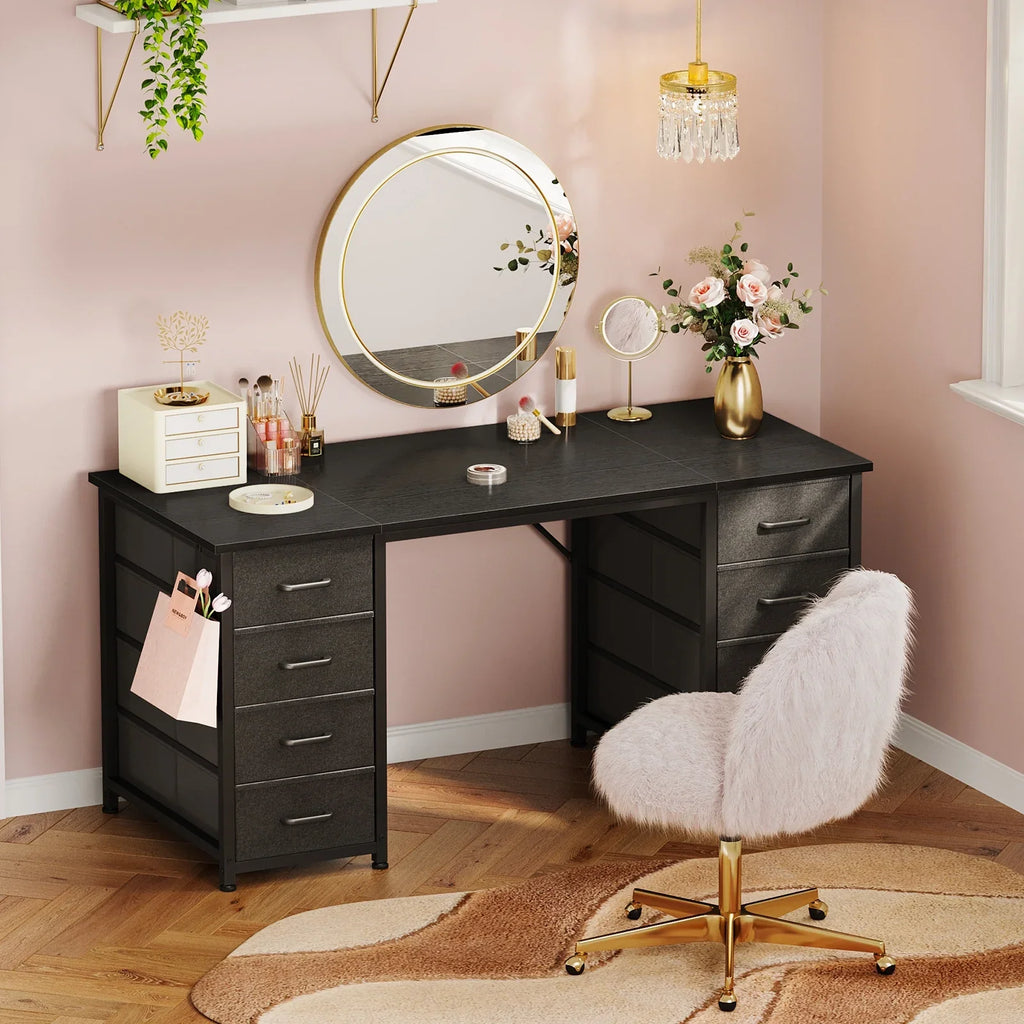 White Computer Desk with Drawers for Storage - 48 inch Home Office Desk with 8 Fabric Drawers, Writing Study Desk with Drawers on Both Sides for Bedroom