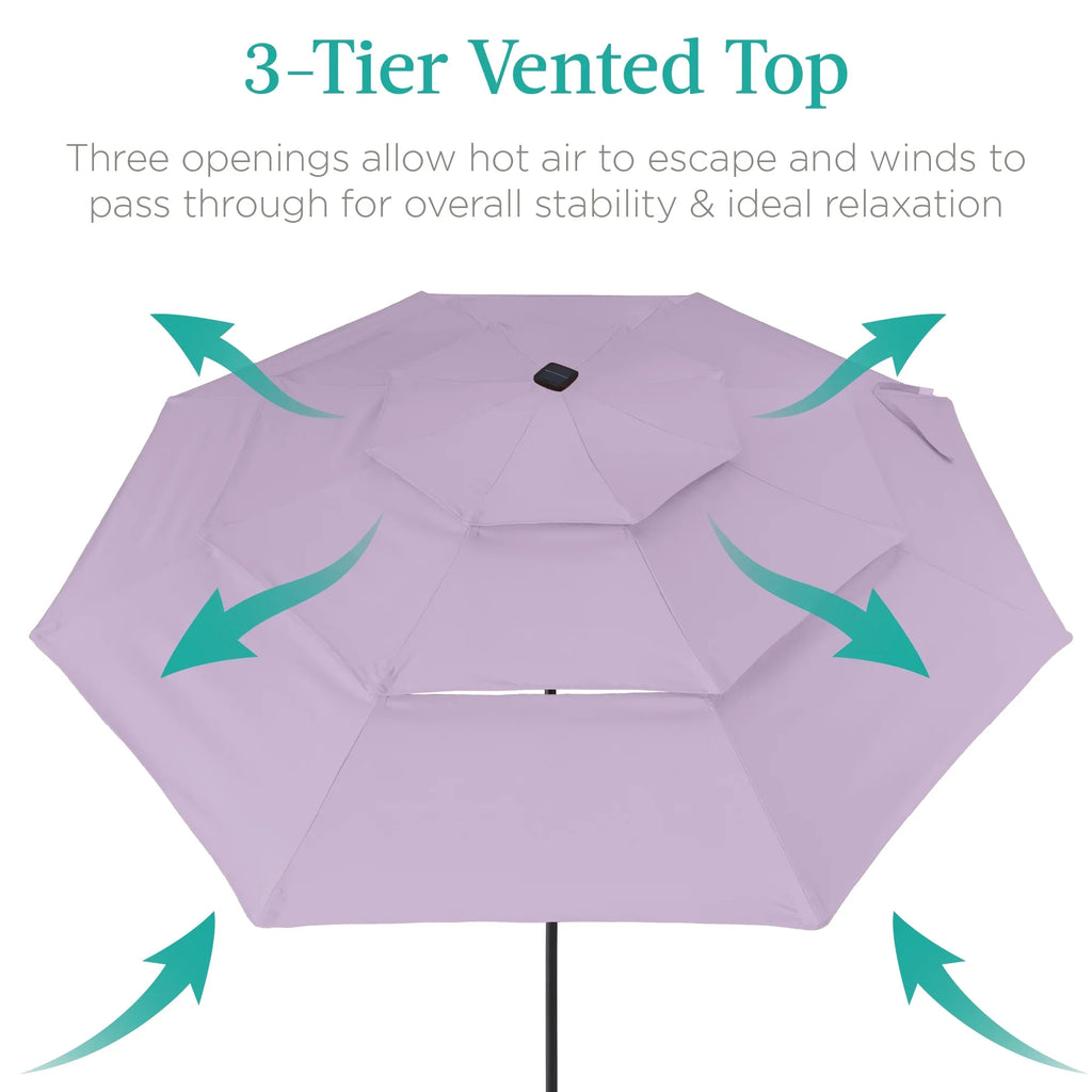 Best Choice Products 10ft 3-Tier Solar Patio Umbrella w/ 24 LED Lights, Tilt Adjustment, Easy Crank - Tan