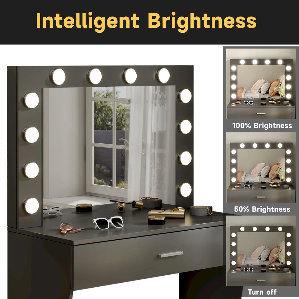 Vanity Table Set with Lighted Mirror,Makeup Vanity with Lights, Large Drawer Sturdy Wood Vanity, White