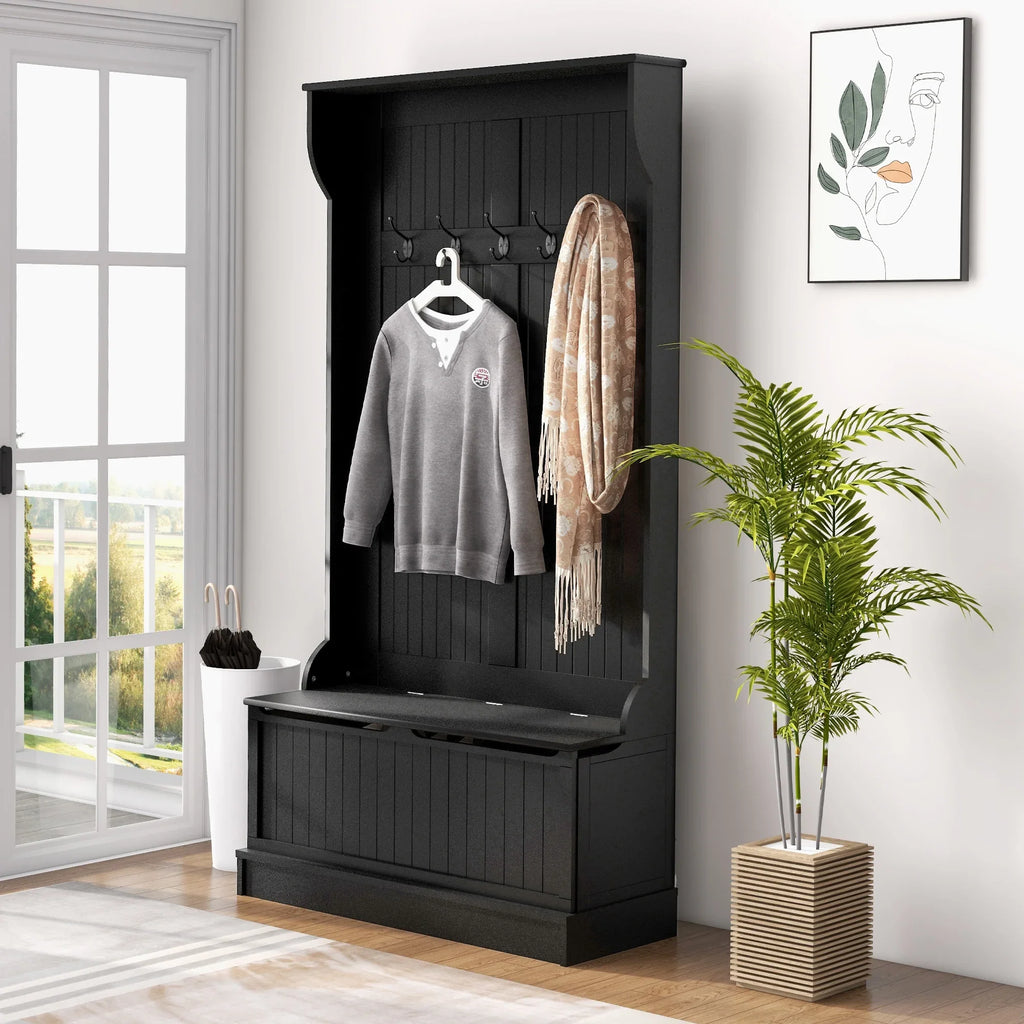 HOMCOM 3-In-1 Hall Tree Storage Bench and Coat Rack with 5 Steel Double Hooks, and Anti-Topple Anchor for Entryway, Cream White