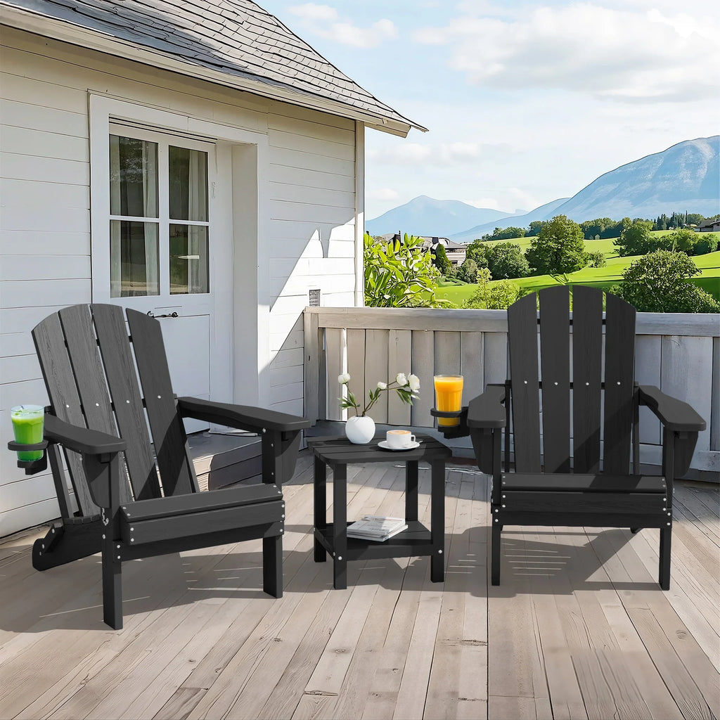 SERWALL Outdoor Adjustable Folding HDPE Adirondack Chairs Set of 2 with Cup Holder, Gray