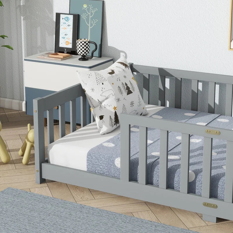 Bellemave Twin Size Floor Beds, Wood Montessori Bed with Fence Railings & Support Slats, No Box Spring Needed (Gray"
