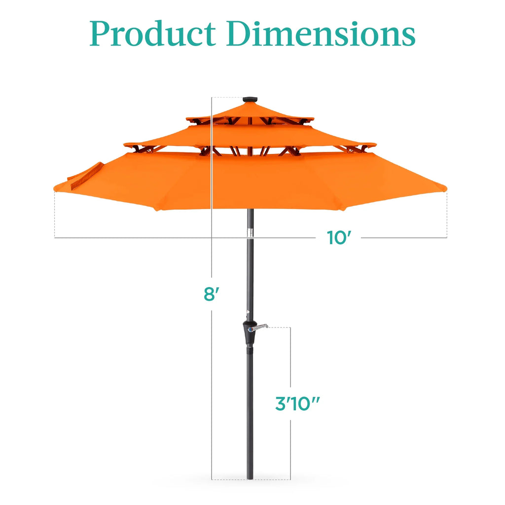 Best Choice Products 10ft 3-Tier Solar Patio Umbrella w/ 24 LED Lights, Tilt Adjustment, Easy Crank - Tan