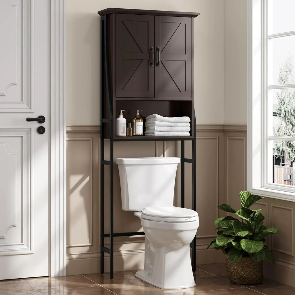 Over The Toilet Storage Cabinet, Over Toilet Bathroom Organizer, Above Toilet Storage Cabinet with Barn Doors Behind Toilet Bathroom Organizer Over-The-Toilet Cabinet (Cream White)