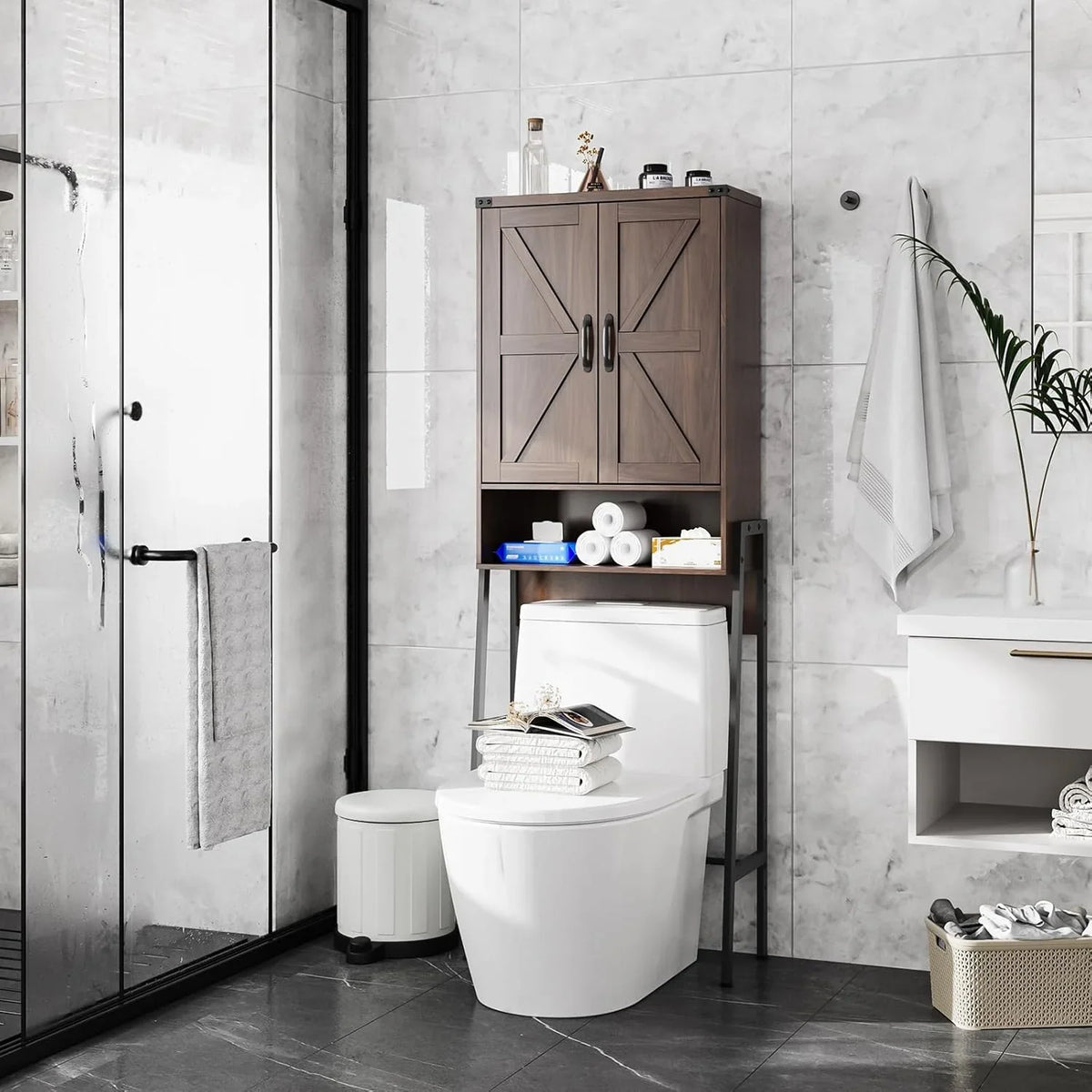 Vabches Over The Toilet Storage Cabinet, 68" H Farmhouse Freestanding Bathroom Storage Organizer with Double Doors & Storage Shelves