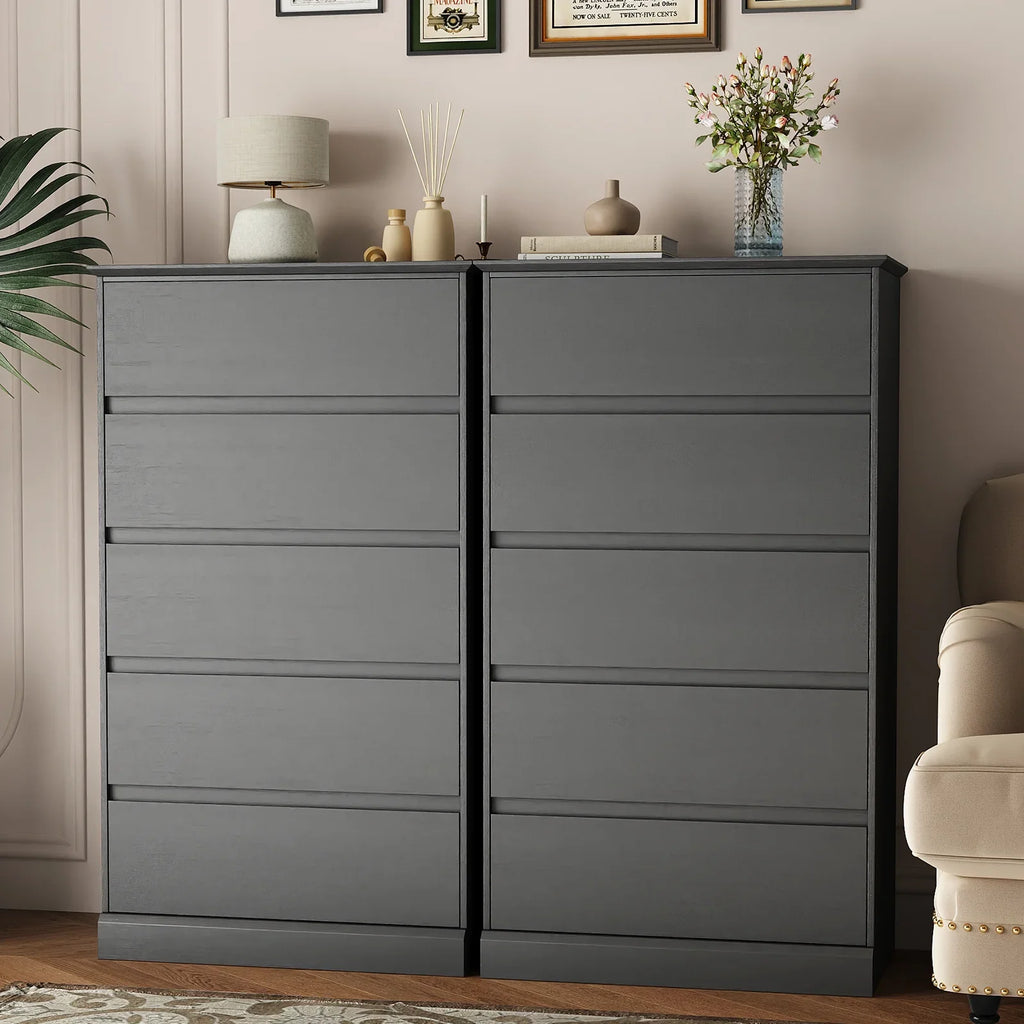 2 PCS Dresser for Bedroom, 5 Drawer Dresser Black Chest of Drawers for Living Room Dressing Room Entryway -2PCS