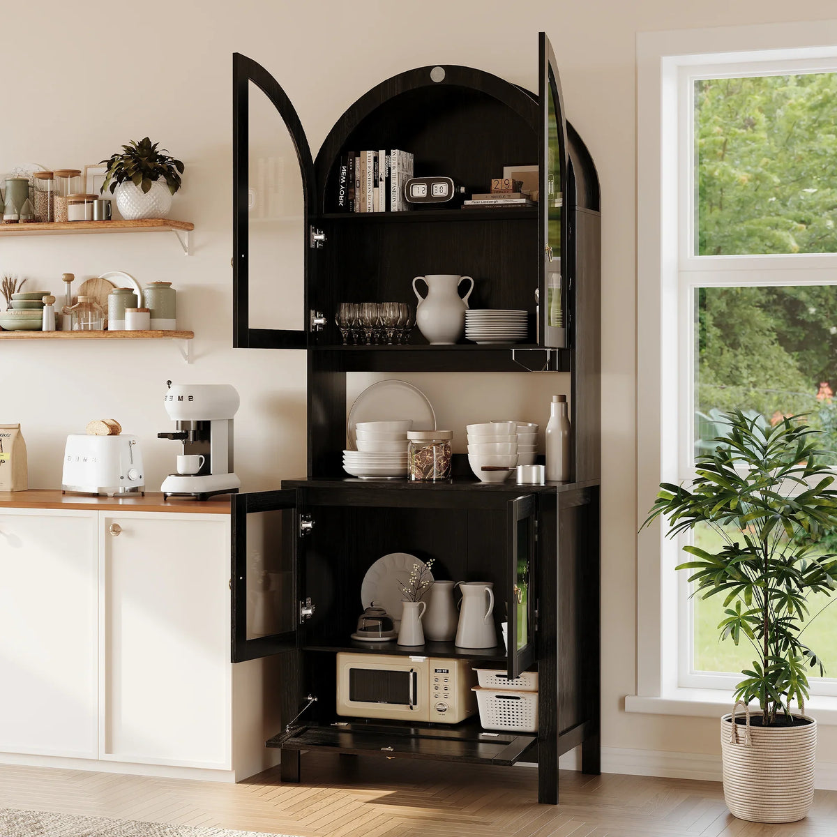 LAZZO 73-Inch Tall Arched Kitchen Pantry Storage Cabinet, 2 Doors, Brown