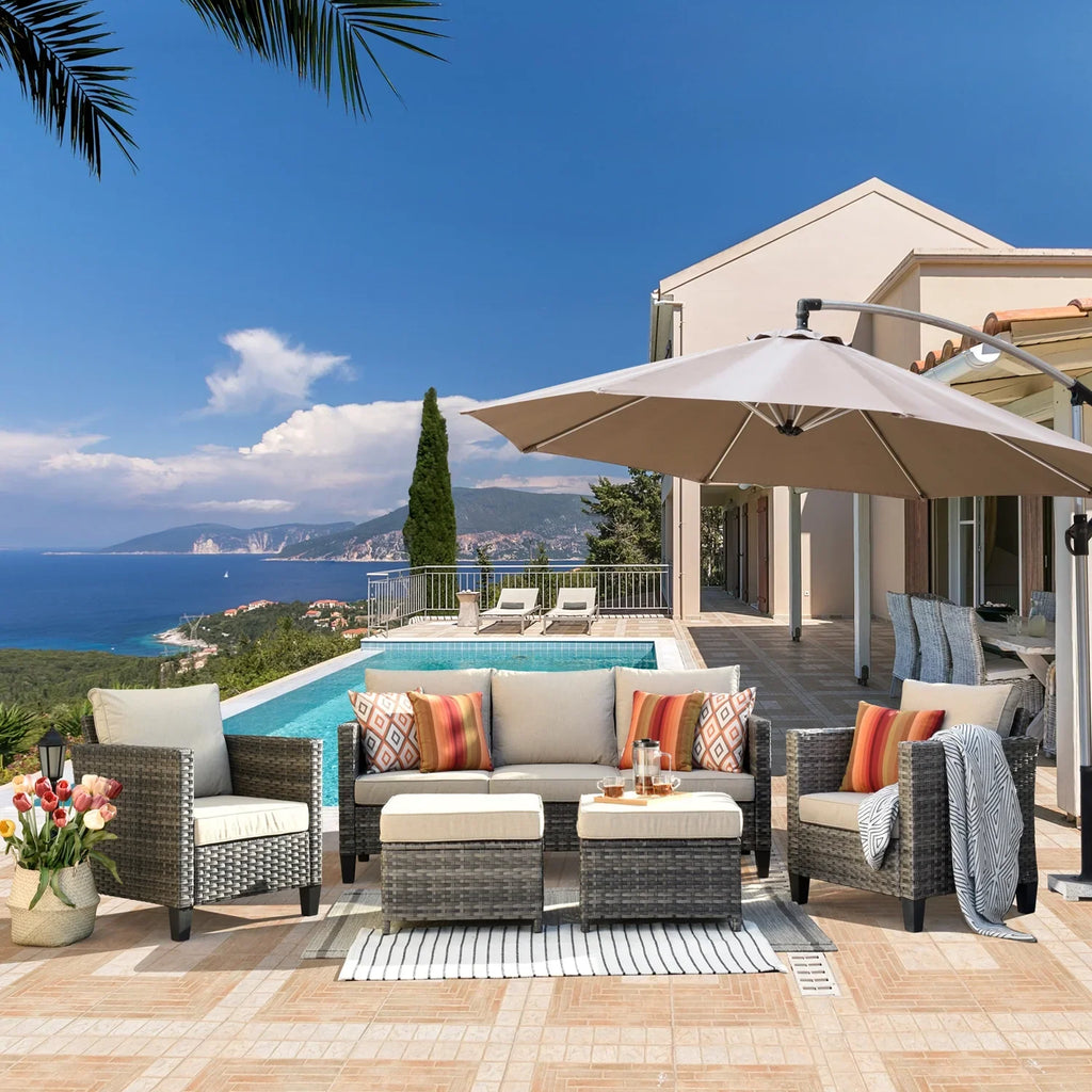 Ovios 5 Pieces Outdoor Patio Furniture Set Wicker Rattan Outdoor Conversation Comfortable Sectional Sofa with Steel Frame, Grey