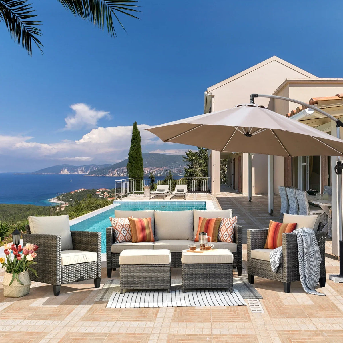Ovios 5 Pieces Outdoor Patio Furniture Set Wicker Rattan Outdoor Conversation Comfortable Sectional Sofa with Steel Frame, Grey