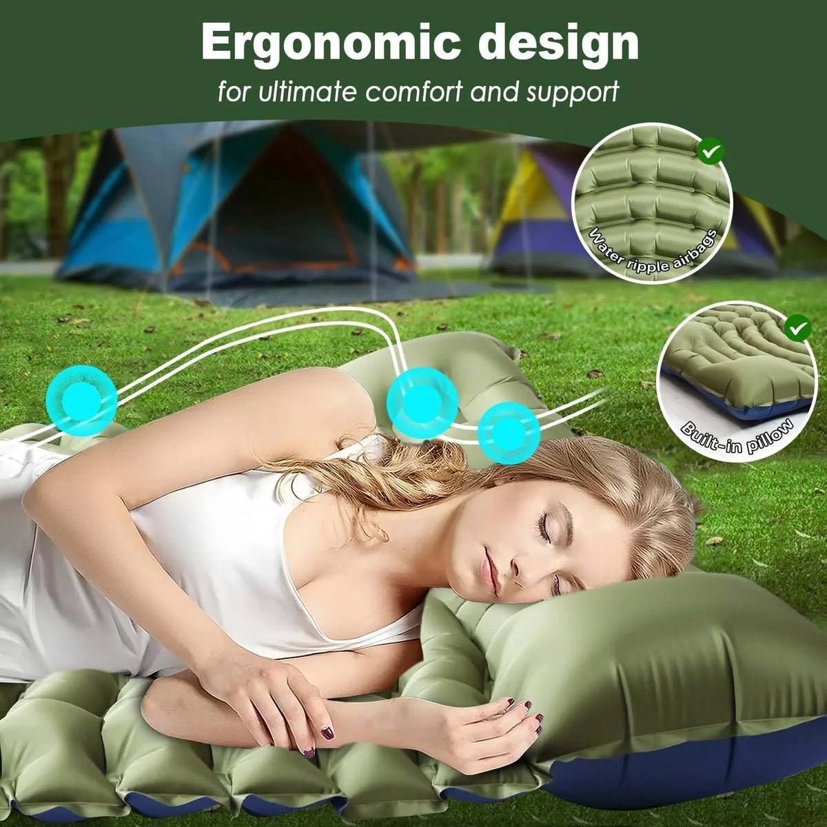 Double Sleeping Pad for Camping - 6" Ultra-Thick Camping Mattress with Pillow, Built-in Foot Pump, Compact 2-Person Portable Camping Mat for Backpacking, Hiking, Car Traveling, Beach, Tent