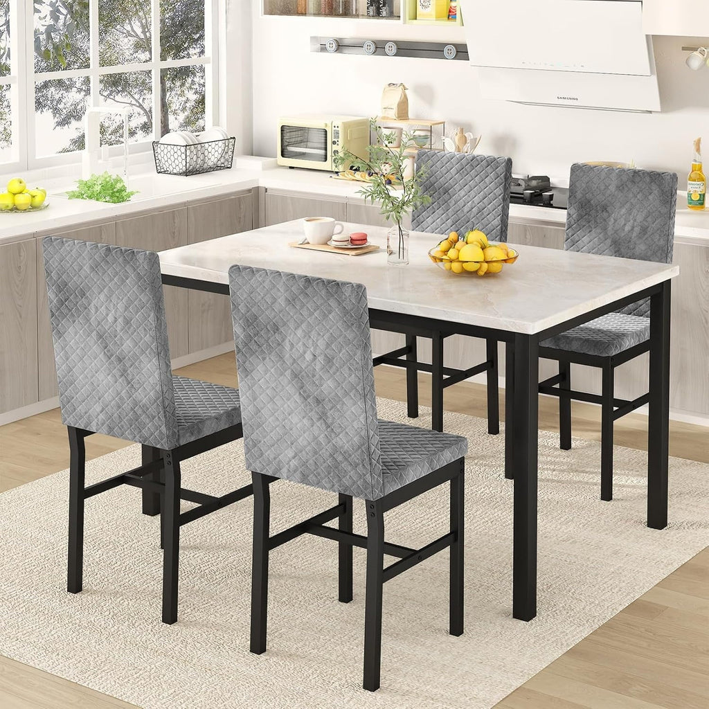 Baxluxe Dining Table Set for 4, Modern 5 Piece Dining Table Set, Faux Marble Kitchen Table and 4 Velvet Upholstered Chairs for Apartments, Dining Rooms, Small Spaces, Gray