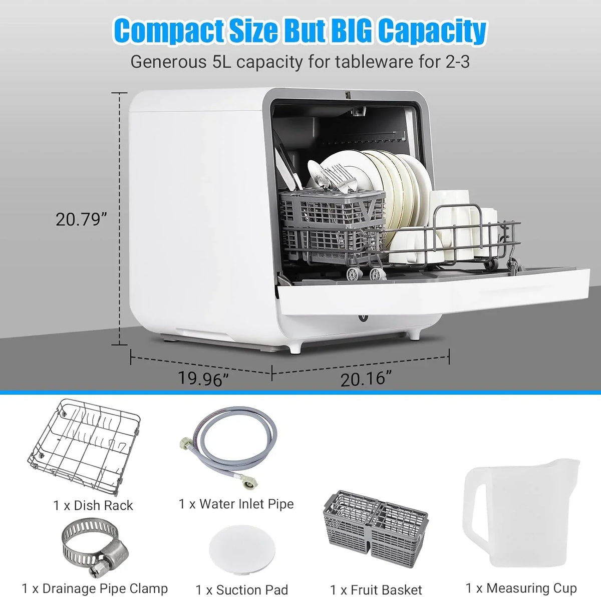 NEILA Countertop Dishwasher - 5 Programs Portable Dishwasher with Touch Control & Air-Drying Function, 2 in 1 Tabletop Dishwasher for Home, Apartments - White