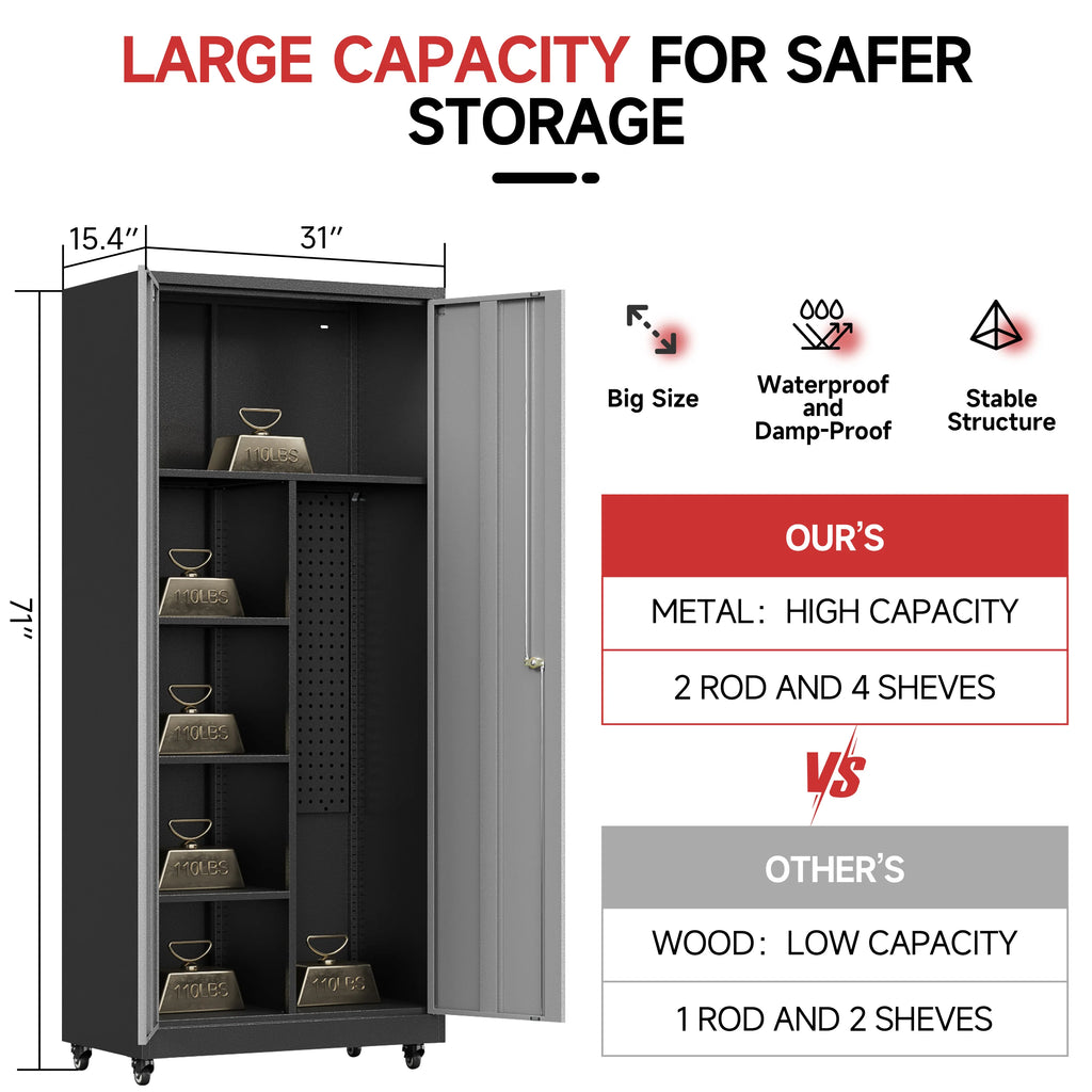 Bestoo Metal Storage Cabinet with Locking Doors, Garage Storage Cabinet with Wheels and Adjustable Shelves, Rolling Tool Storage Cabinet for Home Office, Garage, Pantry (Black)