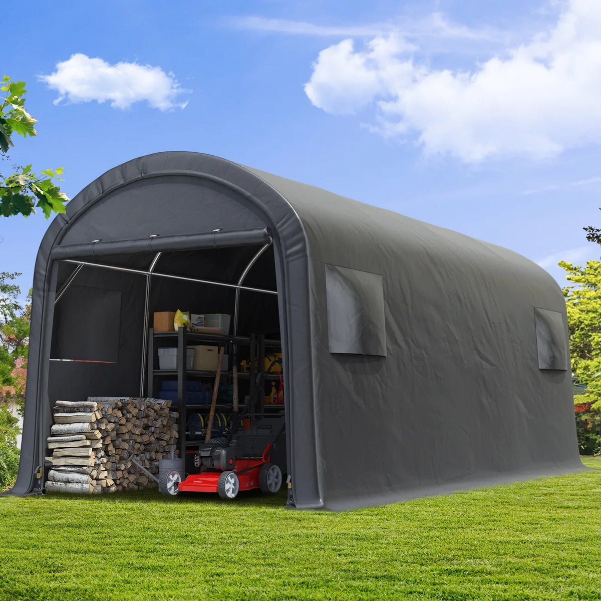 ADVANCE OUTDOOR 10x15 ft Shelter Storage Shed Steel Metal Round Roof Anti-Snow Portable Garage Carport for Motorcycle, Boat, or Garden Tools with 2 Roll up Doors & Vents, Gray