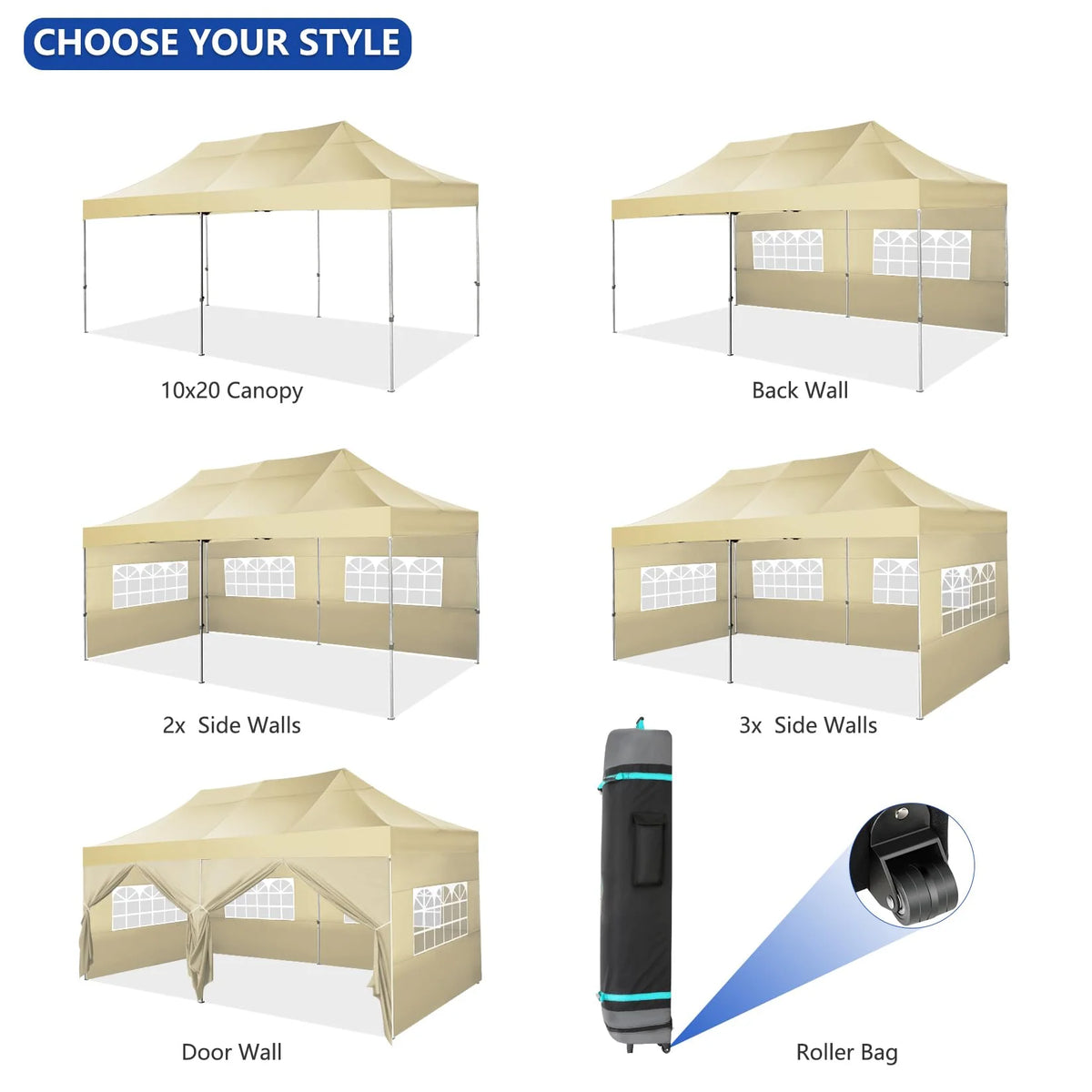 HOTEEL 10x20 Pop up Canopy with 6 Sidewalls Commercial Heavy Duty Canopy UPF 50+ All Weather Waterproof Outdoor Wedding Party Tents Gazebo with Roller Bag, Khaki