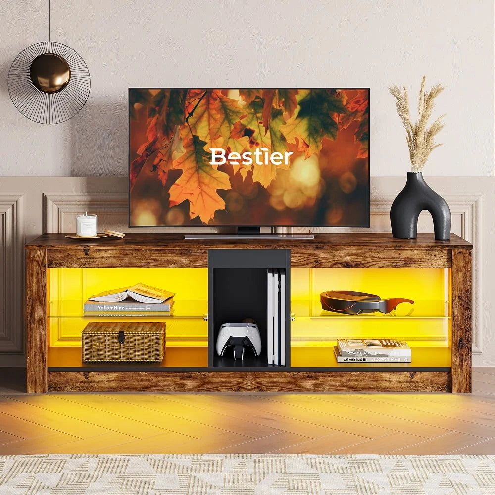 Bestier Entertainment Center with LED Lights TV Stand Media Console Table for TVs up to 60" in Light Grey