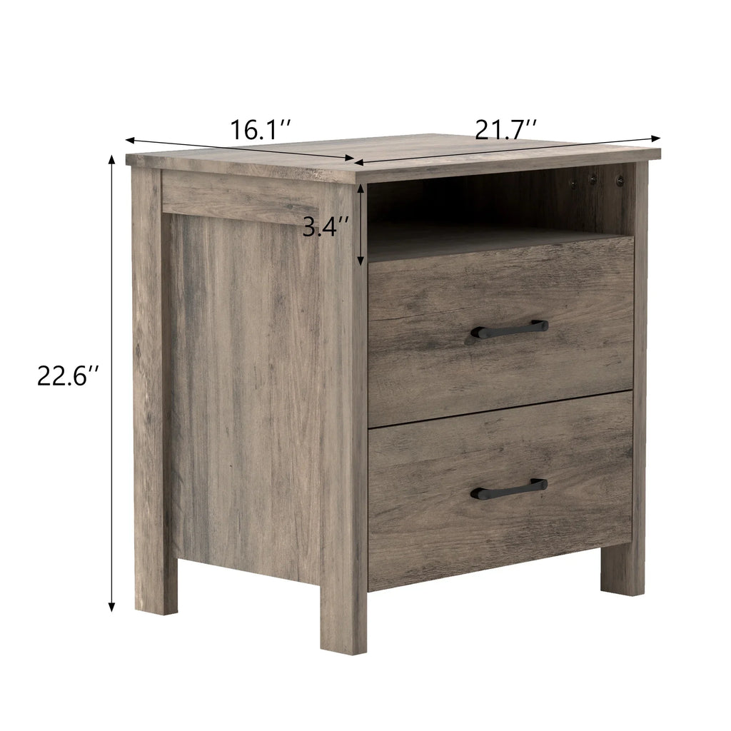 Farmhouse Nightstand with 2 Drawers, Rustic Grey Bedside Table with Open Shelf, Wooden Side End Table for Bedroom