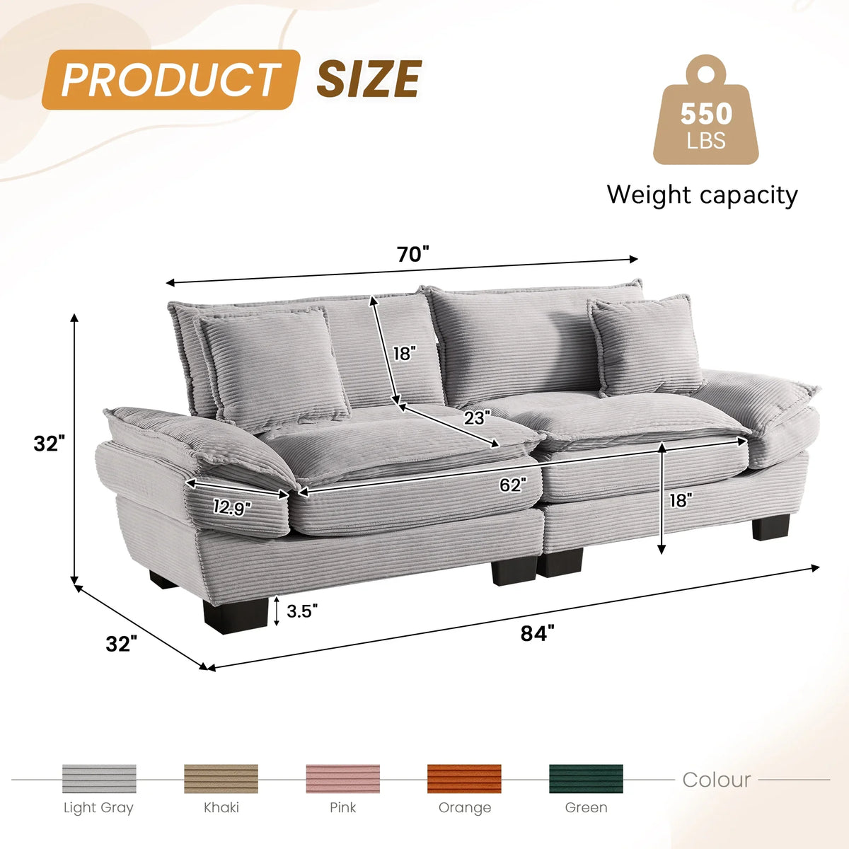Dinosisco 84"L Deep Seat Sofa, Corduroy Upholstered Sleeper Couch for Living Room, Pink