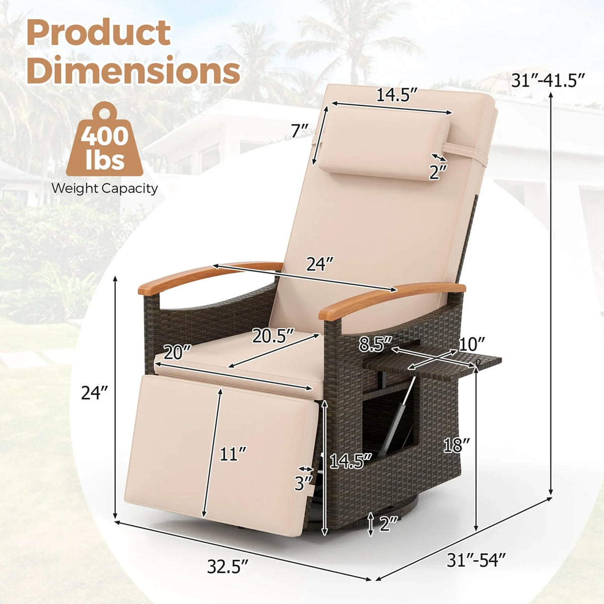 Costway Outdoor 360" Swivel Rattan Recliner Chair Patio Wicker Chaise Lounge Chair Beige