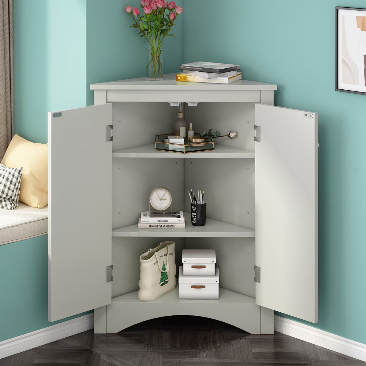 Triangle Bathroom Storage Cabinet, Wooden Corner Freestanding Floor Cabinet with Double Doors and Adjustable Shelves, Mordern Console Table for Bathroom, Living Room, Small Space, Grey