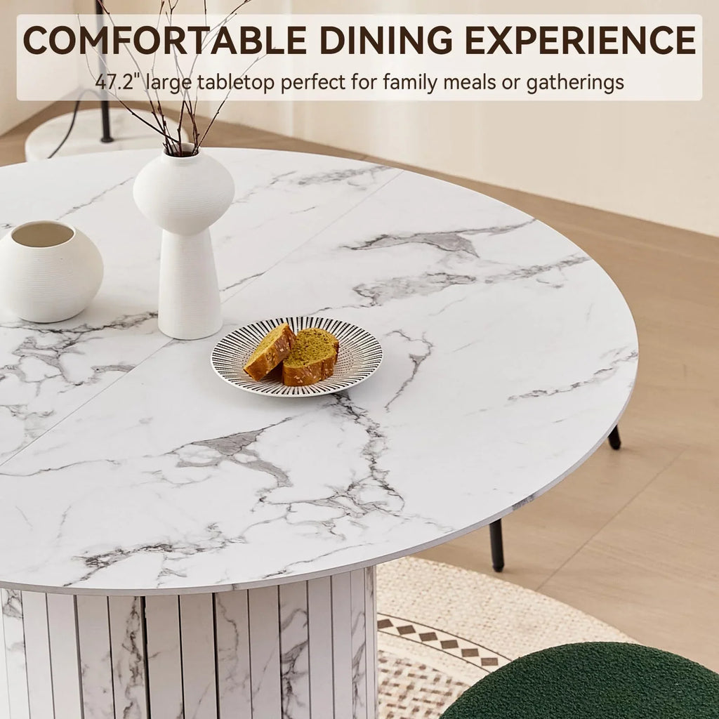 47 inches Modern Round Dining Table, Wood Kitchen Table for 4 with Two-part Tabletop and Wooden Strip Columns Base, Farmhouse Table for Kitchen, Dinning Room, Oak