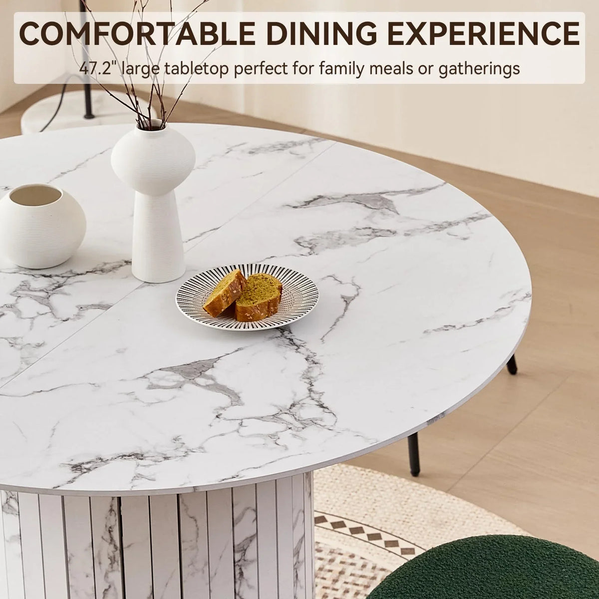 47 inches Modern Round Dining Table, Wood Kitchen Table for 4 with Two-part Tabletop and Wooden Strip Columns Base, Farmhouse Table for Kitchen, Dinning Room, Oak