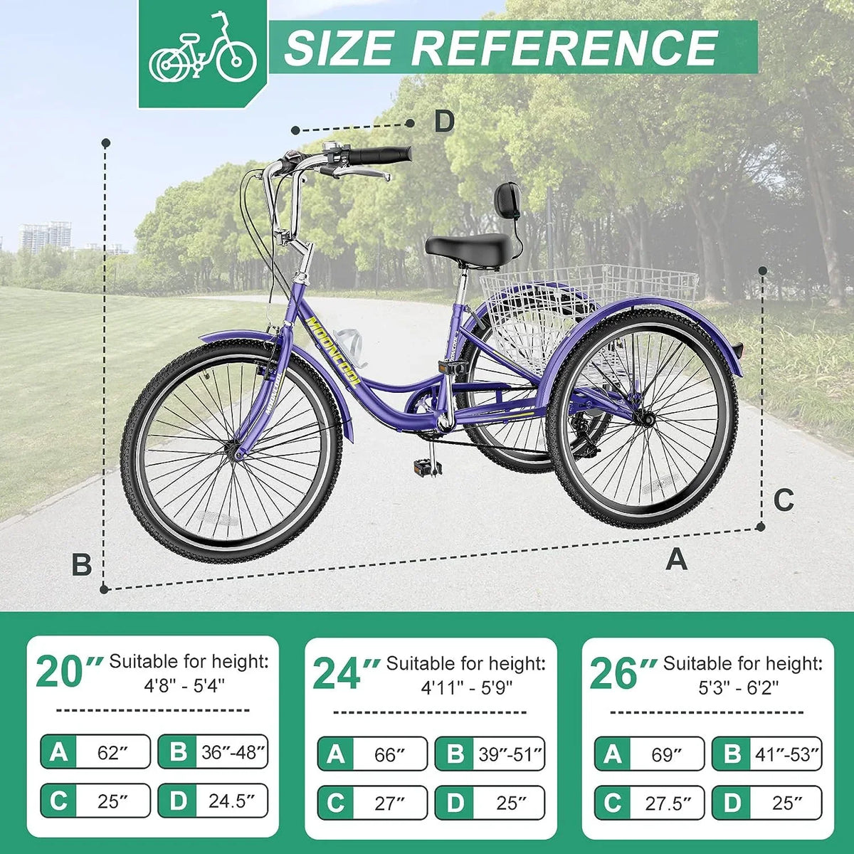 MOONCOOL Adult Tricycles with Rear Basket & Inflator, 24 26 inch 7 Speed 3 Wheel Bikes, Three-Wheeled Bicycles Adult Trike with Backrest for Seniors, Women, Men