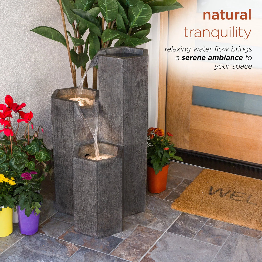 Alpine Corporation 25" Tall Modern 3-Tier Fountain for Indoor / Outdoor Yard Decor with LED Light