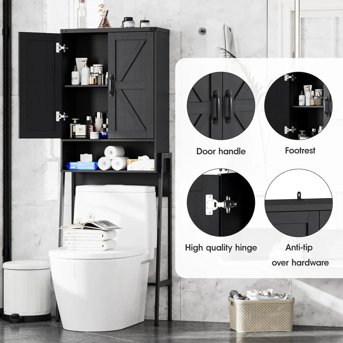 Vabches Over The Toilet Storage Cabinet, 68" H Farmhouse Freestanding Bathroom Storage Organizer with Double Doors & Storage Shelves