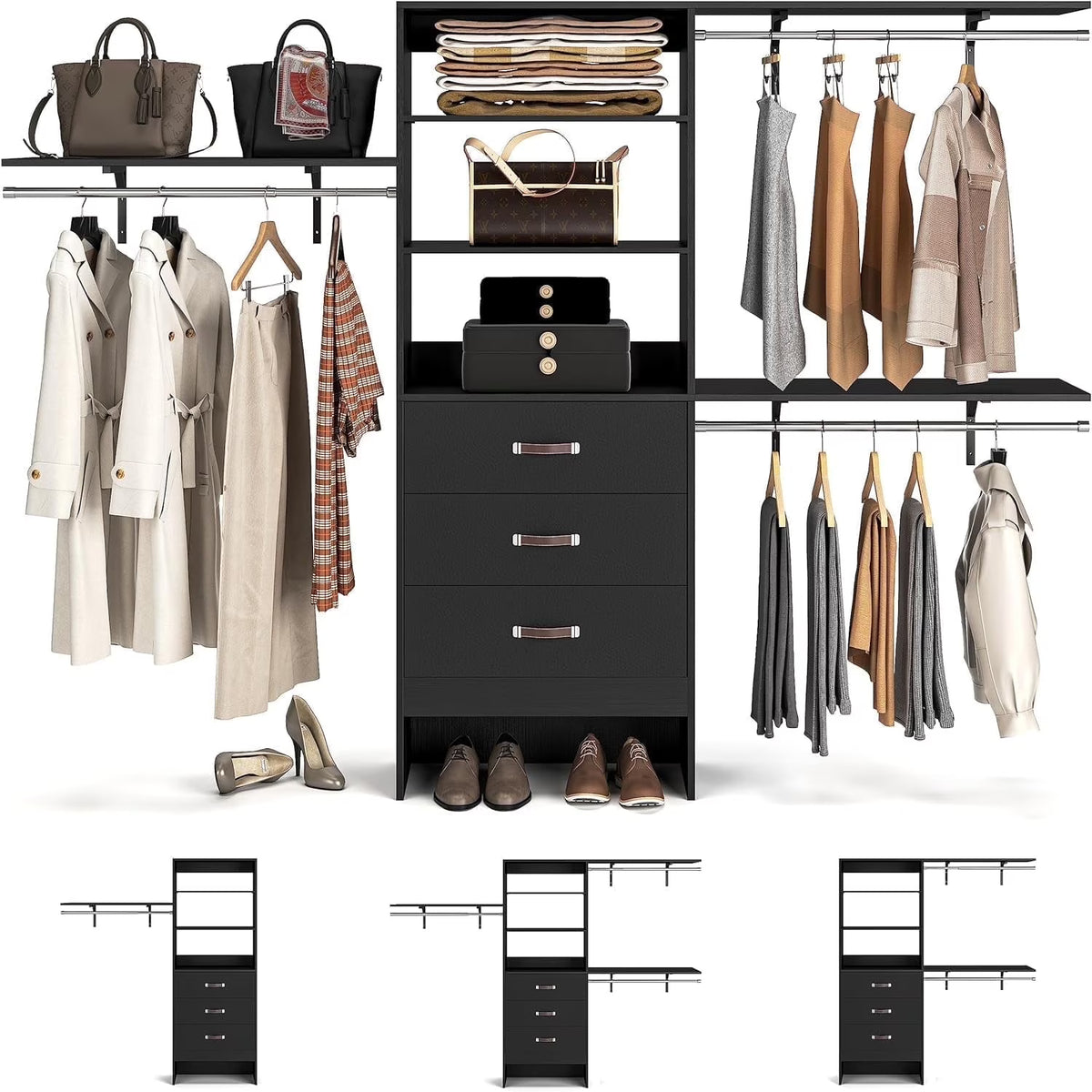 Homieasy 96 Inches Closet System, 8FT Walk In Closet Organizer with 3 Shelving Towers, Heavy Duty Clothes Rack with 3 Drawers, Built-In Garment Rack, 96" L x 16" W x 75" H, White