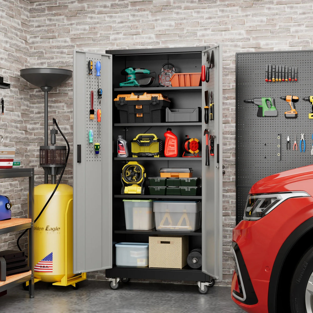 GangMei 71 inches Tall Metal Rolling Garage Storage Cabinets with Locking Doors and 5 Adjustable Shelves, Metal Storage Cabinet for Garage, Office, Home, Classroom, Assemble Required(Black)