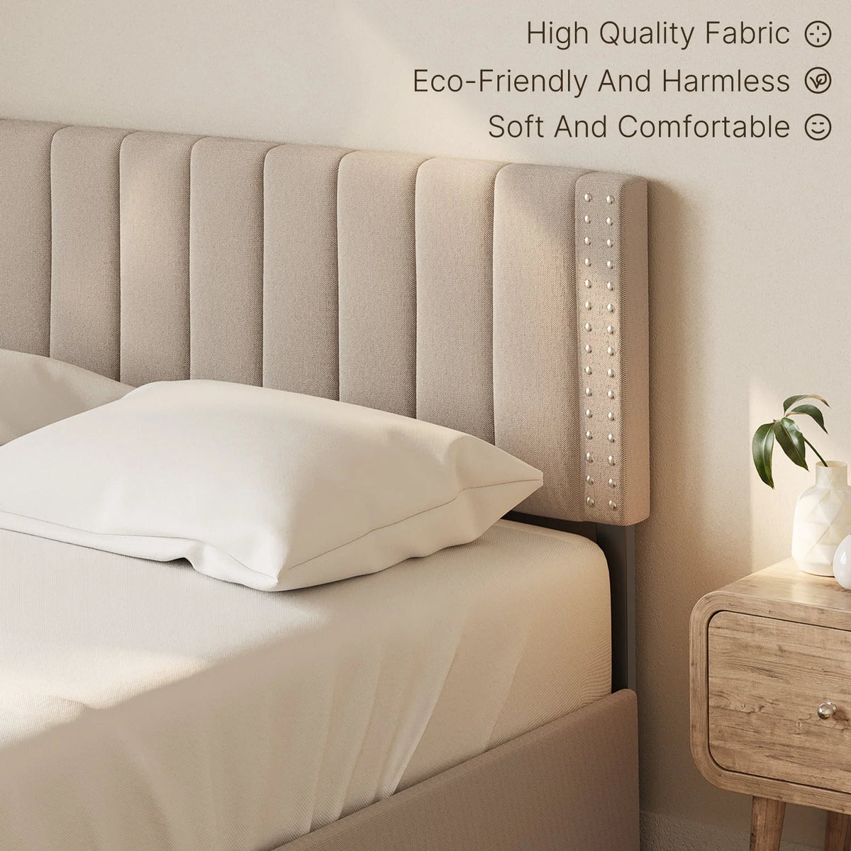 Lofka Queen Bed Frame with Headboard, Upholstered Platform Bed with Headboard, No Box Spring Needed/Easy Assembly, Beige