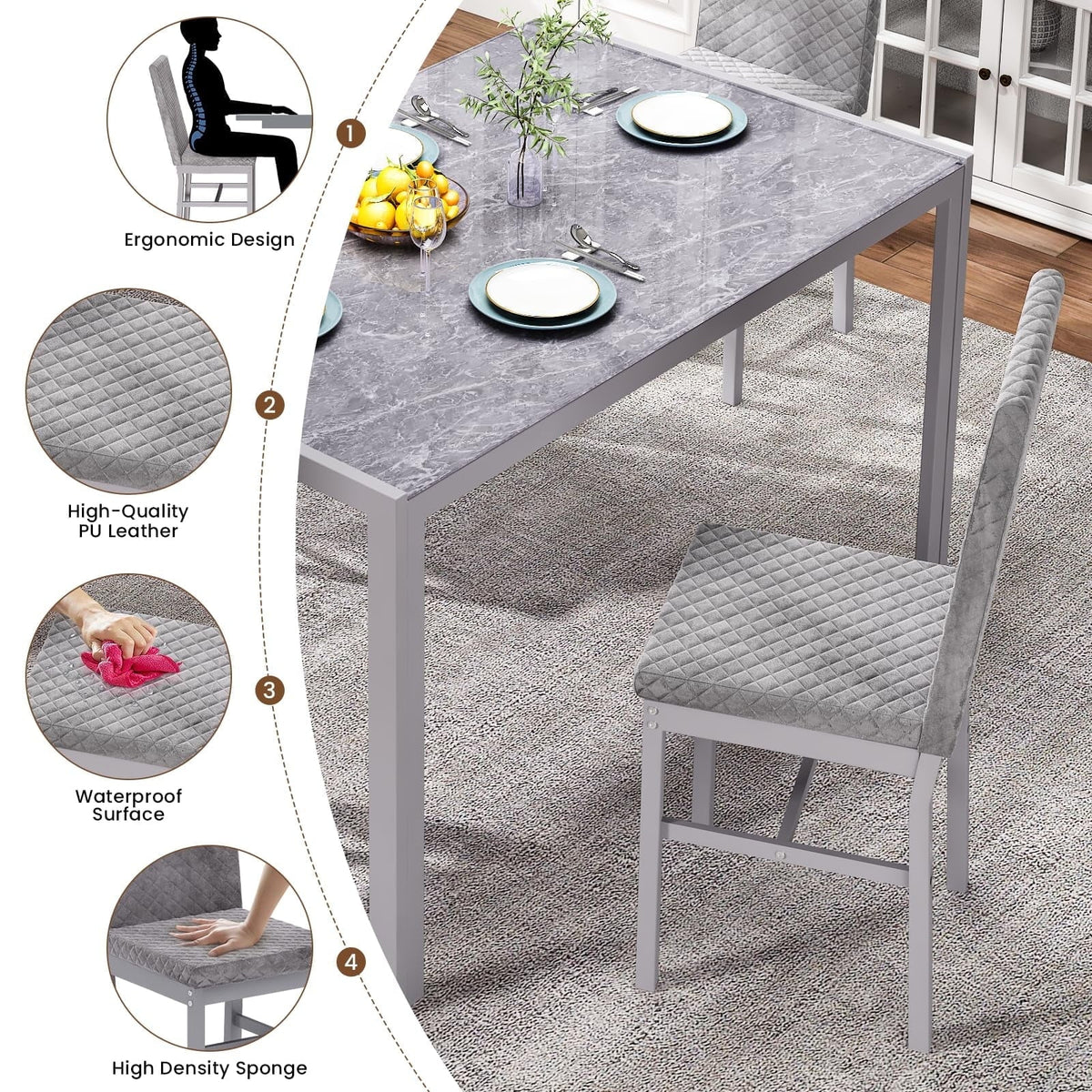 Baxluxe Dining Table Set for 4, Modern 5 Piece Dining Table Set, Faux Marble Kitchen Table and 4 Velvet Upholstered Chairs for Apartments, Dining Rooms, Small Spaces, Gray