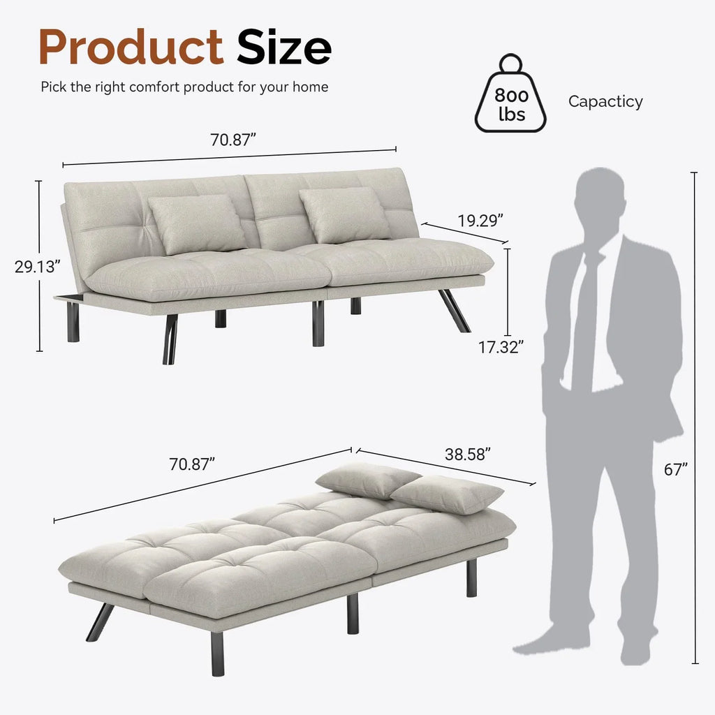 70"" Convertible Futon Sofa Bed Folding Bed Sleeper Couch for Living Room, Small Space or Office, Light Grey