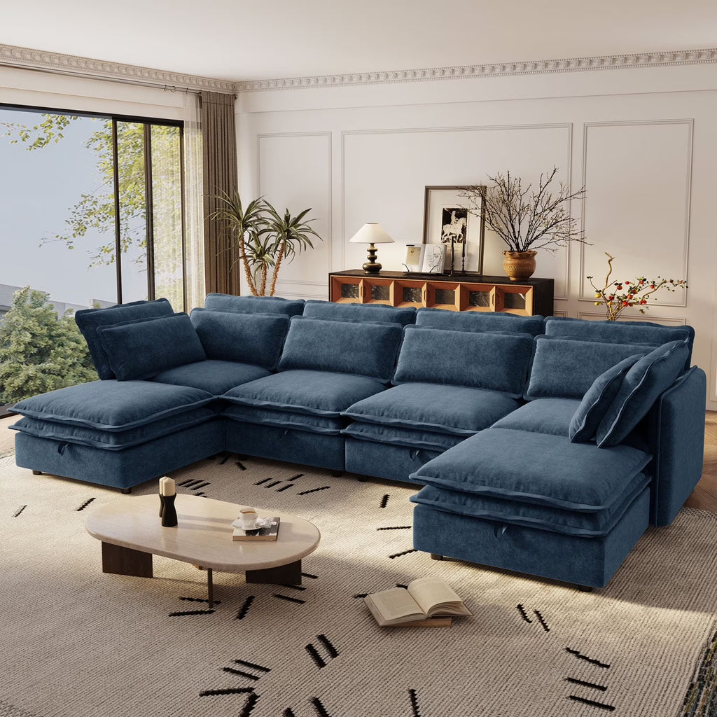 Harper & Bright Designs Modern Modular Corner Sofa Sectional with 2 Storage Ottomans, Free Combination L-Shaped Couch Set with Double-Layer Cushion for Living Room, Dark Blue