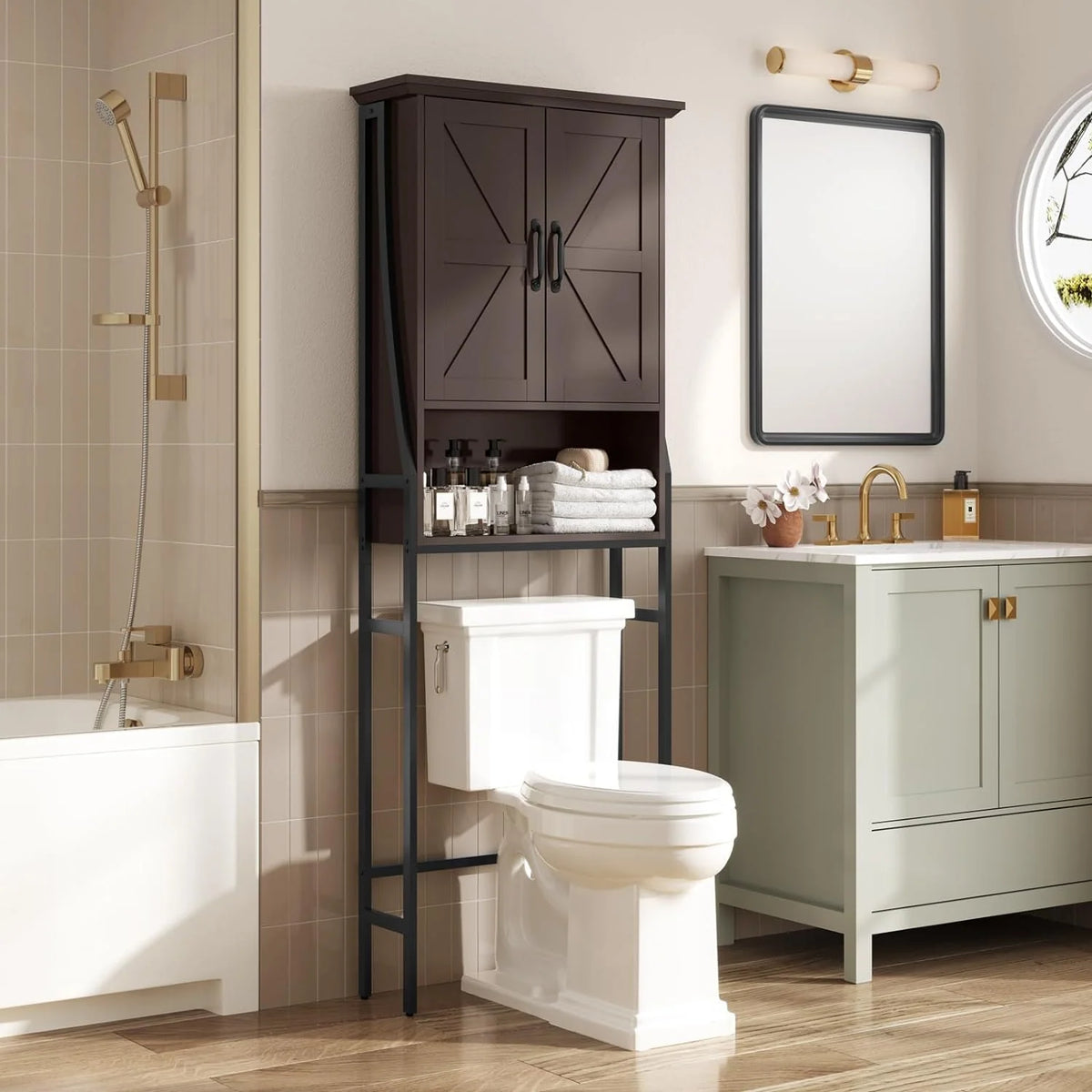 Over The Toilet Storage Cabinet, Over Toilet Bathroom Organizer, Above Toilet Storage Cabinet with Barn Doors Behind Toilet Bathroom Organizer Over-The-Toilet Cabinet (Cream White)