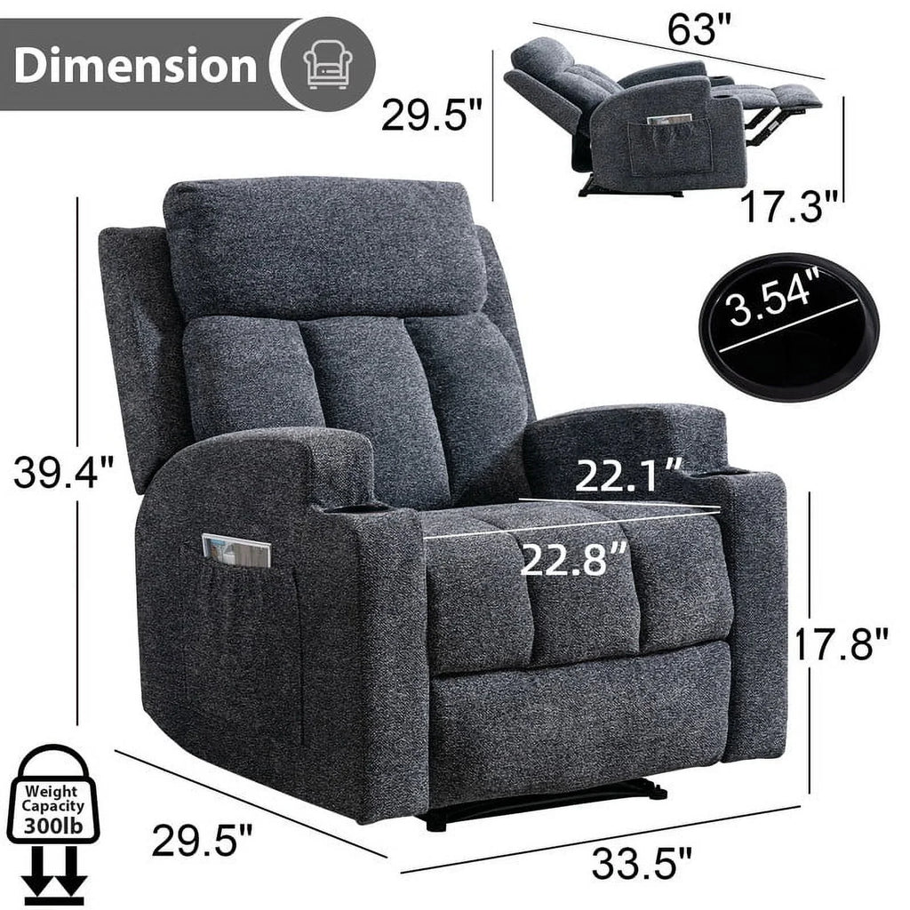 Bonzy Home Heated Manual Massage Recliner with Cup Holder Padded Breathable Fabric Recliner, Home Theater Seating"Navy